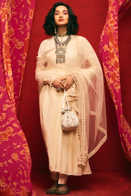 Nadima Saqib Peach Tulle, Viscose Cotton Round Embroidered Anarkali Set 