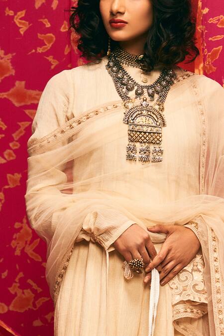 Nadima Saqib_Peach Tulle, Viscose Cotton Round Embroidered Anarkali Set _Online_at_Aza_Fashions