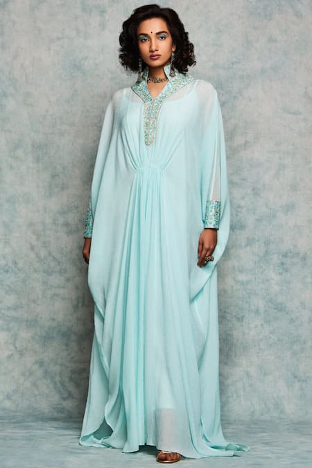 Nadima Saqib Blue Viscose Cotton Stand Collar Embroidered Kaftan 