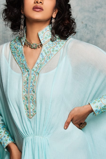 Shop Nadima Saqib Blue Viscose Cotton Stand Collar Embroidered Kaftan at Aza Fashions Shop_Nadima Saqib_Blue Viscose Cotton Stand Collar Embroidered Kaftan _at_Aza_Fashions