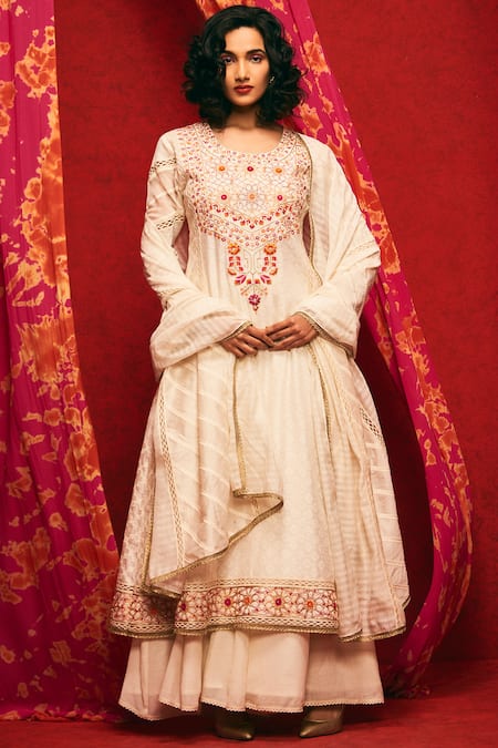 Nadima Saqib White Chanderi Silk Round Anarkali Set 