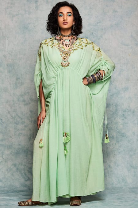 Nadima Saqib Green Viscose Cotton V Neck Embroidered Kaftan 