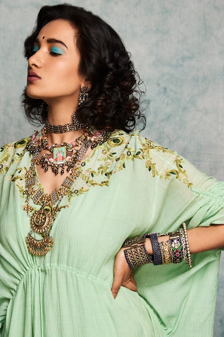 Shop Nadima Saqib Green Viscose Cotton V Neck Embroidered Kaftan at Aza Fashions Shop_Nadima Saqib_Green Viscose Cotton V Neck Embroidered Kaftan _at_Aza_Fashions