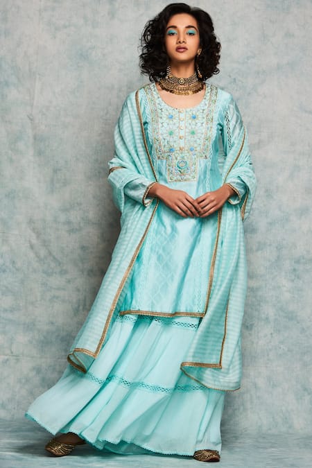 Nadima Saqib Blue Chanderi Silk Round Kurta Set 