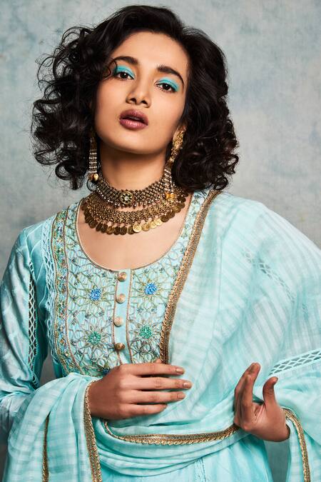 Shop Nadima Saqib Blue Chanderi Silk Round Kurta Set at Aza Fashions Shop_Nadima Saqib_Blue Chanderi Silk Round Kurta Set _at_Aza_Fashions