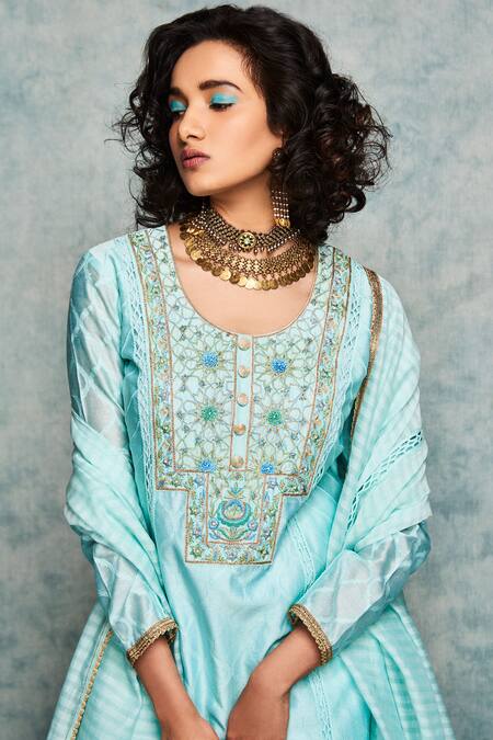 Nadima Saqib Blue Chanderi Silk Round Kurta Set Online at Aza Fashions Nadima Saqib_Blue Chanderi Silk Round Kurta Set _Online_at_Aza_Fashions