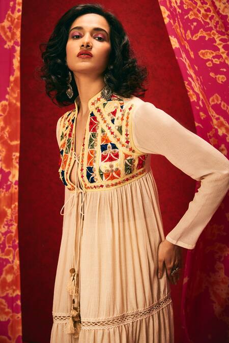 Shop Nadima Saqib Beige Viscose Cotton Mandarin Collar Embroidered Jacket at Aza Fashions Shop_Nadima Saqib_Beige Viscose Cotton Mandarin Collar Embroidered Jacket _at_Aza_Fashions