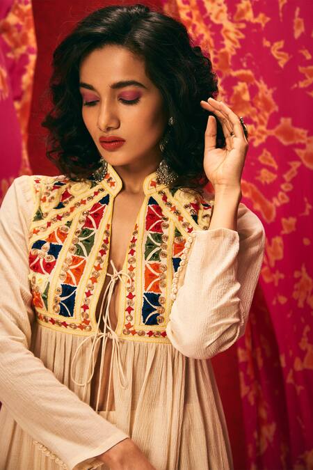 Nadima Saqib Beige Viscose Cotton Mandarin Collar Embroidered Jacket Online at Aza Fashions Nadima Saqib_Beige Viscose Cotton Mandarin Collar Embroidered Jacket _Online_at_Aza_Fashions