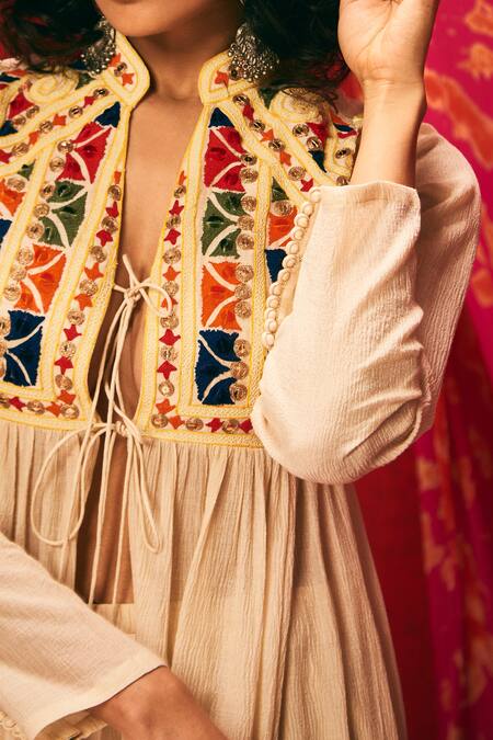 Buy Nadima Saqib Beige Viscose Cotton Mandarin Collar Embroidered Jacket Online at Aza Fashions Buy_Nadima Saqib_Beige Viscose Cotton Mandarin Collar Embroidered Jacket _Online_at_Aza_Fashions