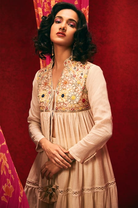 Shop Nadima Saqib Beige Viscose Cotton Mandarin Collar Embroidered Long Jacket at Aza Fashions Shop_Nadima Saqib_Beige Viscose Cotton Mandarin Collar Embroidered Long Jacket _at_Aza_Fashions