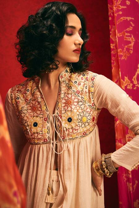 Nadima Saqib Beige Viscose Cotton Mandarin Collar Embroidered Long Jacket Online at Aza Fashions Nadima Saqib_Beige Viscose Cotton Mandarin Collar Embroidered Long Jacket _Online_at_Aza_Fashions