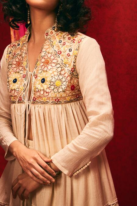 Buy Nadima Saqib Beige Viscose Cotton Mandarin Collar Embroidered Long Jacket Online at Aza Fashions Buy_Nadima Saqib_Beige Viscose Cotton Mandarin Collar Embroidered Long Jacket _Online_at_Aza_Fashions