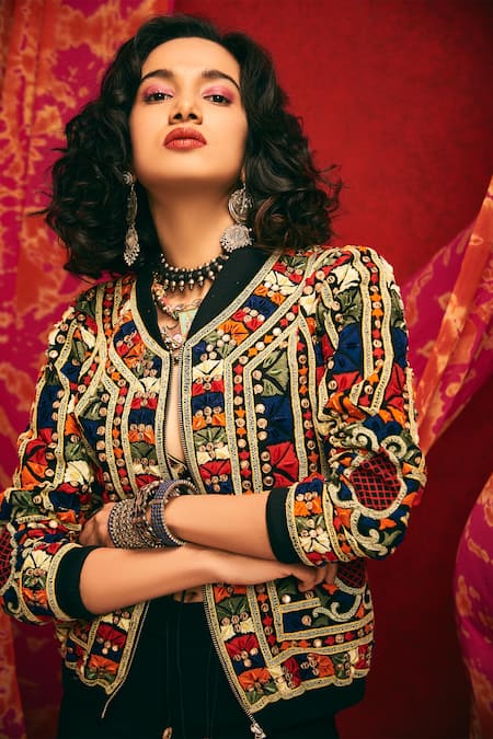Shop Nadima Saqib Black Denim Band Collar Embroidered Jacket at Aza Fashions Shop_Nadima Saqib_Black Denim Band Collar Embroidered Jacket _at_Aza_Fashions