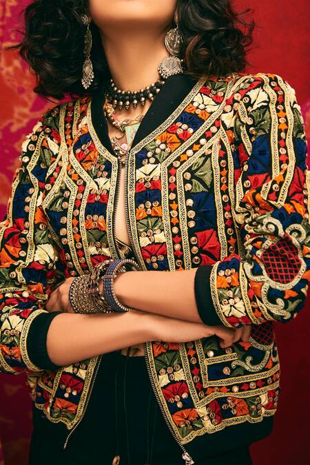 Nadima Saqib Black Denim Band Collar Embroidered Jacket Online at Aza Fashions Nadima Saqib_Black Denim Band Collar Embroidered Jacket _Online_at_Aza_Fashions