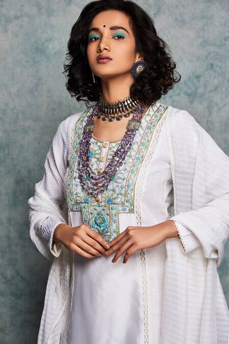 Nadima Saqib White Chanderi Silk, Viscose Cotton Round Kurta Sharara Set Online at Aza Fashions Nadima Saqib_White Chanderi Silk, Viscose Cotton Round Kurta Sharara Set _Online_at_Aza_Fashions