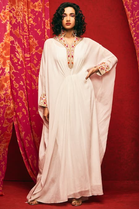 Nadima Saqib White Viscose Cotton Mandarin Collar Embroidered Kaftan 