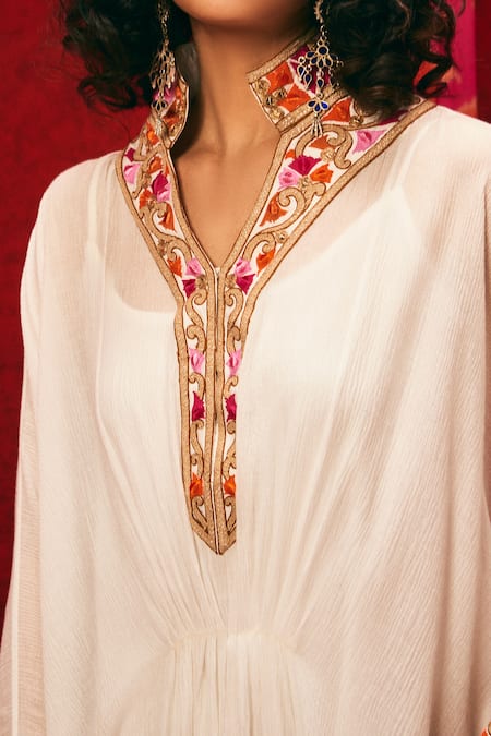 Shop Nadima Saqib White Viscose Cotton Mandarin Collar Embroidered Kaftan at Aza Fashions Shop_Nadima Saqib_White Viscose Cotton Mandarin Collar Embroidered Kaftan _at_Aza_Fashions