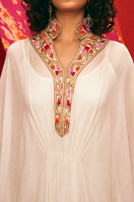 Nadima Saqib White Viscose Cotton Mandarin Collar Embroidered Kaftan Online at Aza Fashions Nadima Saqib_White Viscose Cotton Mandarin Collar Embroidered Kaftan _Online_at_Aza_Fashions