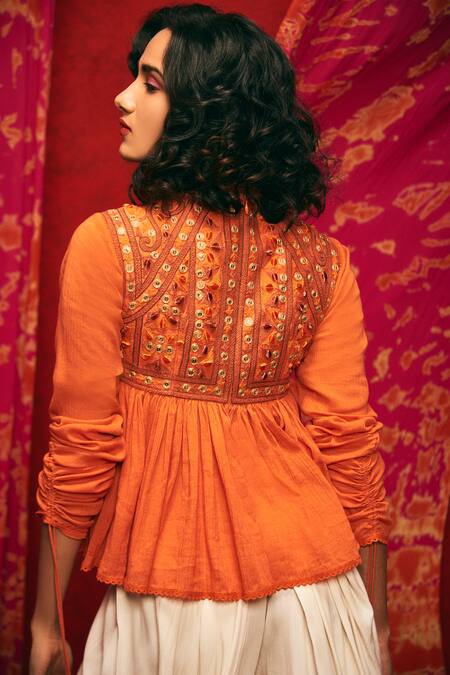 Shop Nadima Saqib Orange Chanderi, Viscose Cotton Mandarin Collar Kedia Top at Aza Fashions Shop_Nadima Saqib_Orange Chanderi, Viscose Cotton Mandarin Collar Kedia Top _at_Aza_Fashions