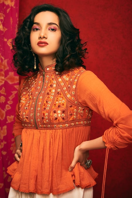 Nadima Saqib Orange Chanderi, Viscose Cotton Mandarin Collar Kedia Top Online at Aza Fashions Nadima Saqib_Orange Chanderi, Viscose Cotton Mandarin Collar Kedia Top _Online_at_Aza_Fashions