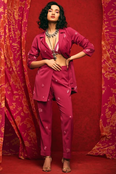 Nadima Saqib Maroon Scuba Lapel Notch Embroidered Pant Set 