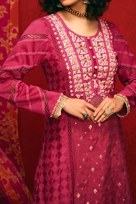 Nadima Saqib_Maroon Chanderi Silk Round Kurta Palazzo Set _Online_at_Aza_Fashions