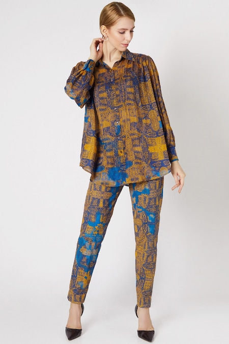 Camden' Organic Cotton High Waisted Trousers in Blue Tilora Print -  ShopperBoard