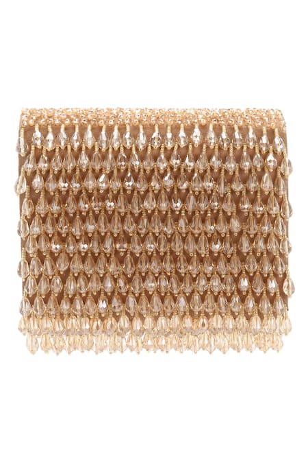 Aanchal Sayal Beige Crystals Embellished Flapover Clutch 