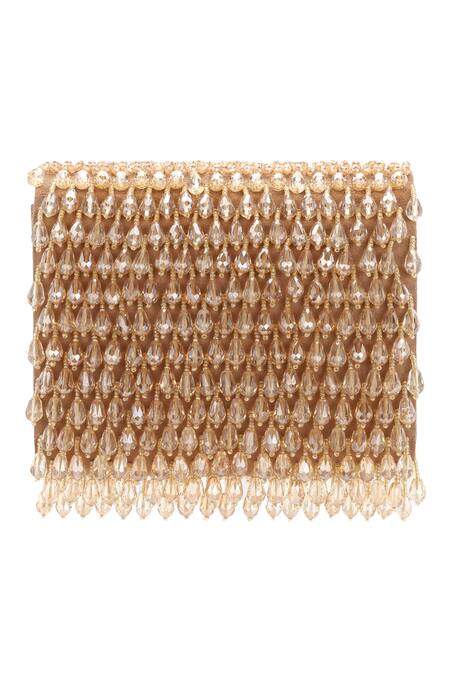 Shop_Aanchal Sayal_Beige Crystals Embellished Flapover Clutch_at_Aza_Fashions