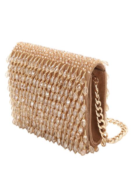 Aanchal Sayal_Beige Crystals Embellished Flapover Clutch_Online_at_Aza_Fashions