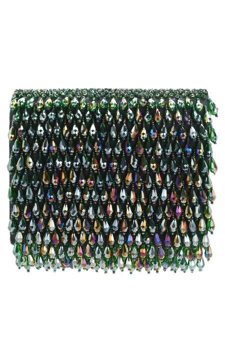 Shop_Aanchal Sayal_Green Crystals Embellished Flapover Clutch_at_Aza_Fashions