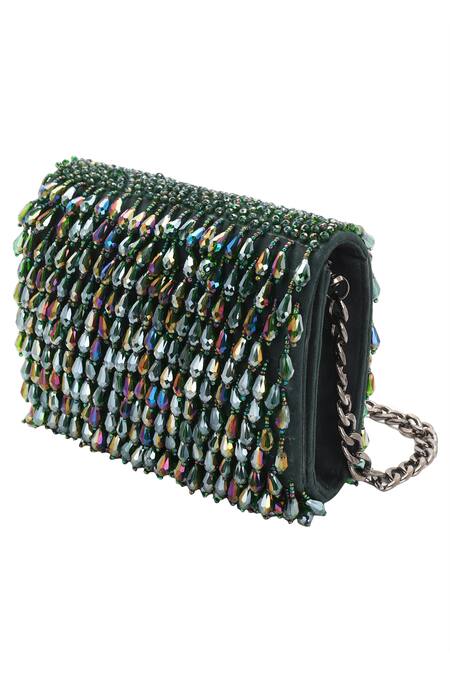 Buy_Aanchal Sayal_Green Crystals Embellished Flapover Clutch_Online_at_Aza_Fashions