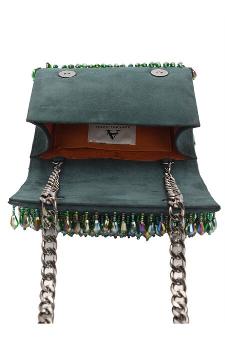 Shop_Aanchal Sayal_Green Crystals Embellished Flapover Clutch_Online_at_Aza_Fashions