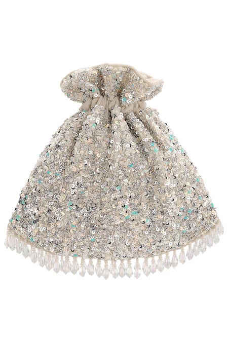Shop_Aanchal Sayal_White Sequins Velvet Embellished Potli Bag_at_Aza_Fashions