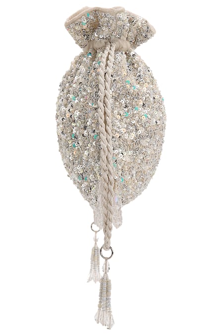 Aanchal Sayal_White Sequins Velvet Embellished Potli Bag_Online_at_Aza_Fashions