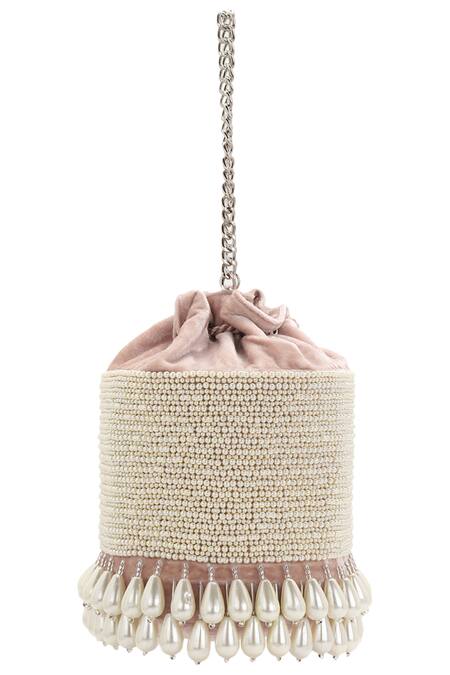 Shop_Aanchal Sayal_Pink Pearls Velvet Embellished Potli Bag_at_Aza_Fashions