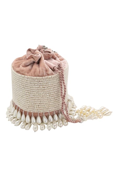 Aanchal Sayal_Pink Pearls Velvet Embellished Potli Bag_Online_at_Aza_Fashions