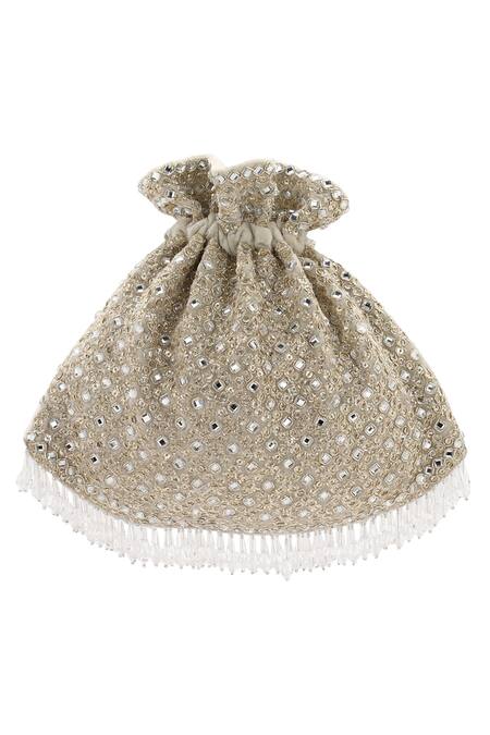 Shop_Aanchal Sayal_Grey Crystals Velvet Embellished Potli Bag_at_Aza_Fashions