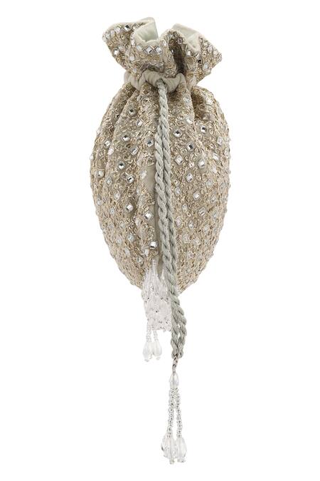 Aanchal Sayal_Grey Crystals Velvet Embellished Potli Bag_Online_at_Aza_Fashions