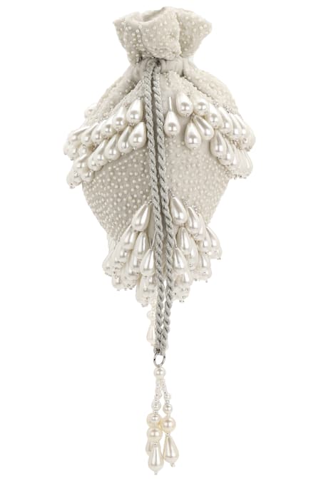 Aanchal Sayal_White Pearls Velvet Embellished Potli Bag_Online_at_Aza_Fashions
