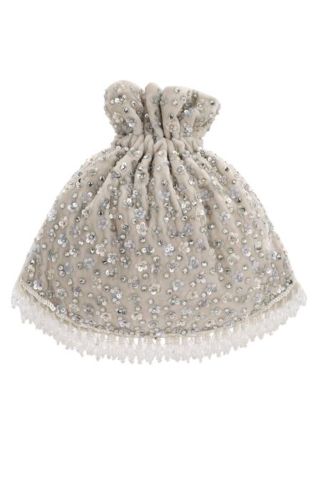 Shop_Aanchal Sayal_White Sequins Velvet Embellished Potli Bag_at_Aza_Fashions