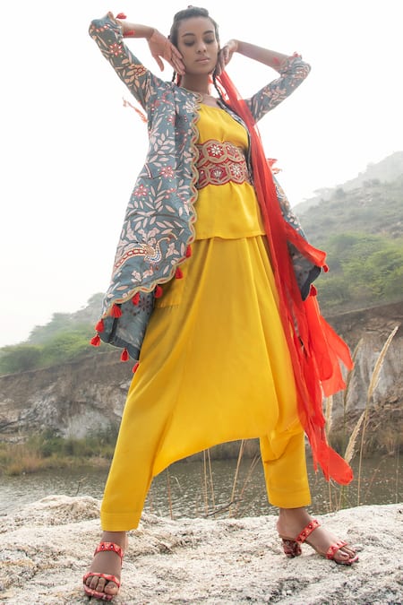 Swati Vijaivargie Yellow Linen Satin Jacket Open Embellished Kurta Set