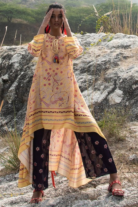 Swati Vijaivargie_Blue Modal Satin Notched Embellished Kurta Palazzo Set _Online_at_Aza_Fashions