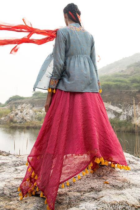 Shop Swati Vijaivargie Pink Silk Jacket Open Chanderi Dress With at Aza Fashions Shop_Swati Vijaivargie_Pink Silk Jacket Open Chanderi Dress With _at_Aza_Fashions