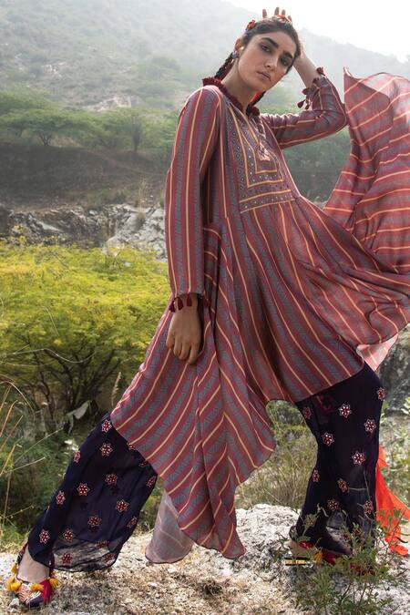 Swati Vijaivargie_Blue Bamber Satin Notched Embellished Kurta Palazzo Set _Online_at_Aza_Fashions