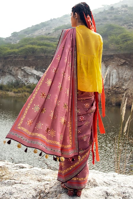 Shop Swati Vijaivargie Pink Bamber Satin Round Embellished Saree With Blouse at Aza Fashions Shop_Swati Vijaivargie_Pink Bamber Satin Round Embellished Saree With Blouse _at_Aza_Fashions