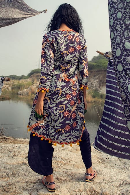 Shop Swati Vijaivargie Blue Linen Satin Round Embellished Kurta Dhoti Pant Set at Aza Fashions Shop_Swati Vijaivargie_Blue Linen Satin Round Embellished Kurta Dhoti Pant Set _at_Aza_Fashions