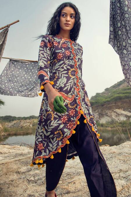 Swati Vijaivargie Blue Linen Satin Round Embellished Kurta Dhoti Pant Set Online at Aza Fashions Swati Vijaivargie_Blue Linen Satin Round Embellished Kurta Dhoti Pant Set _Online_at_Aza_Fashions