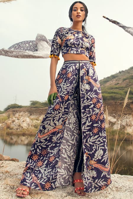 Swati Vijaivargie Blue Linen Satin Round Embellished Top Pant Set