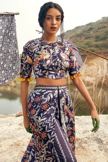 Swati Vijaivargie Blue Linen Satin Round Embellished Top Pant Set Online at Aza Fashions Swati Vijaivargie_Blue Linen Satin Round Embellished Top Pant Set _Online_at_Aza_Fashions